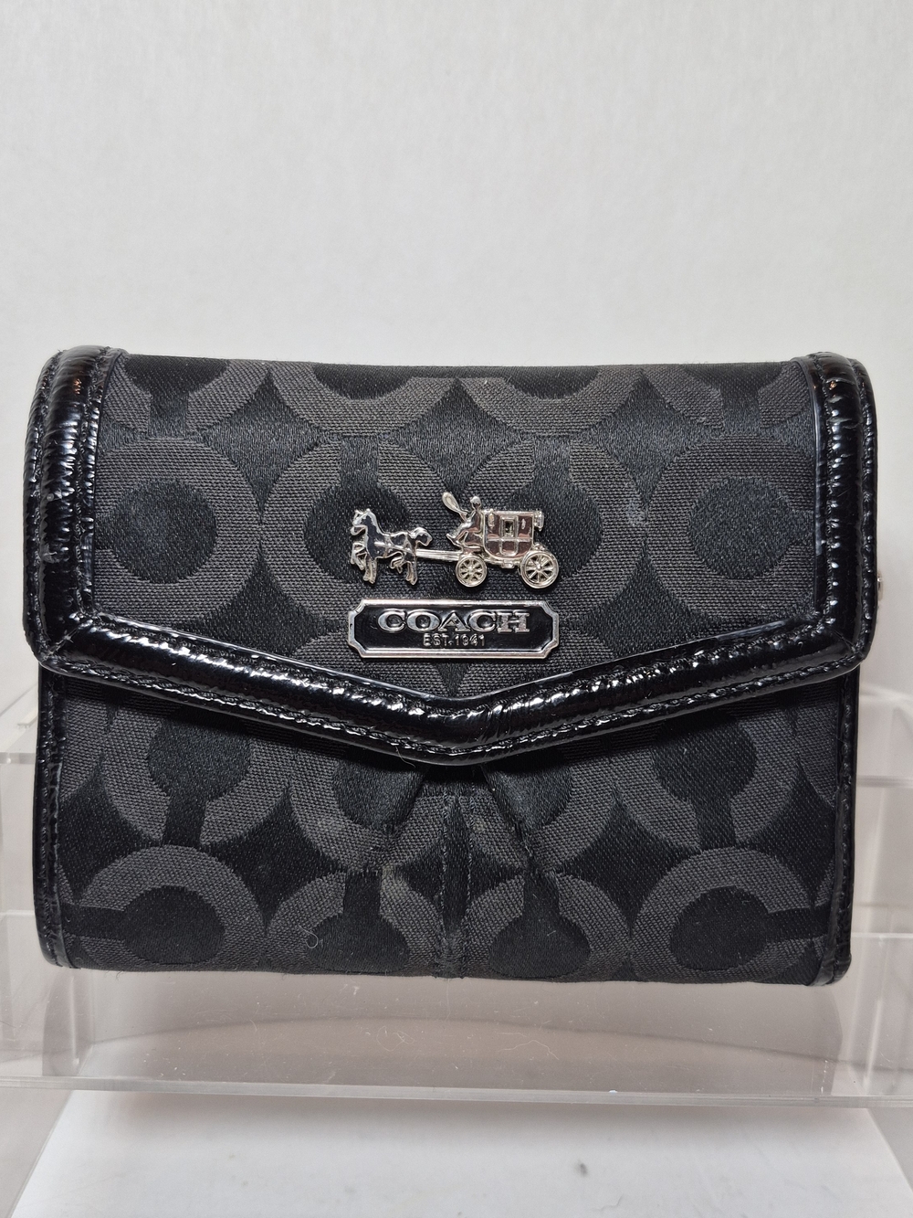 COACH Madison Op Art Black Signature C Canvas Carriage Logo Bifold Wallet